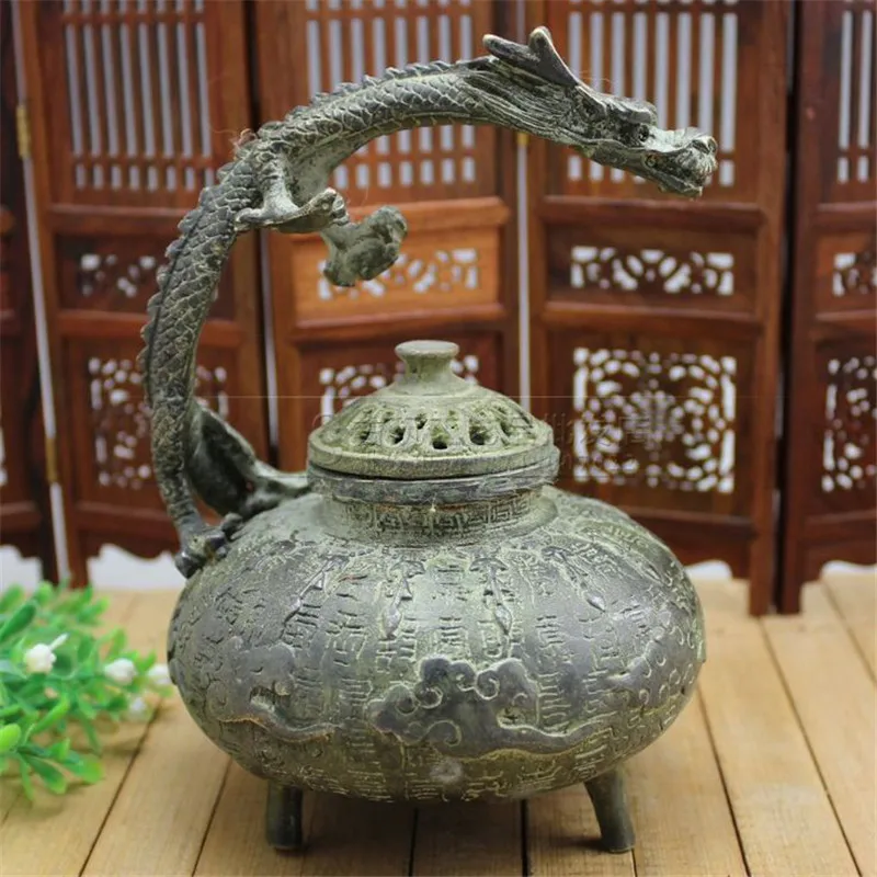 Antique Miscellaneous Brass Antique Crafts Imitation Bluish Yellow Copper Dragon Incense Burner Brass Incense Burner Decoration