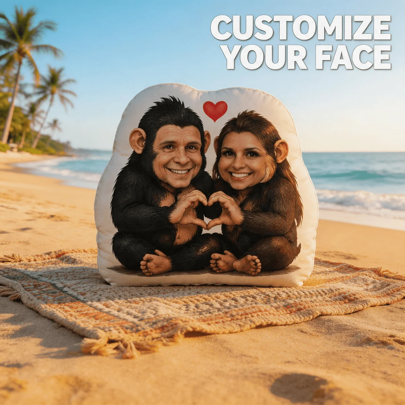 Personalized Couple Photo Face Pillow Custom Monkey Body Shaped Cushion Heart Gesture Funny Plush Home Decor Gift for Her Him