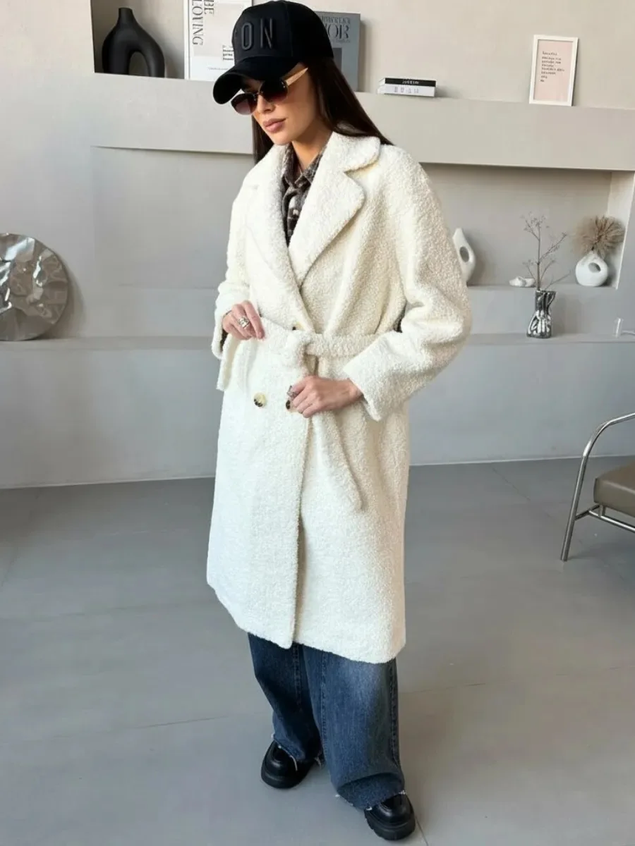 Winter Long Off White Overcoat Female Woolen Cashmere Coat Women Alpaca Wool Jacket Long Sleeves Double Breasted With Scarf Coat