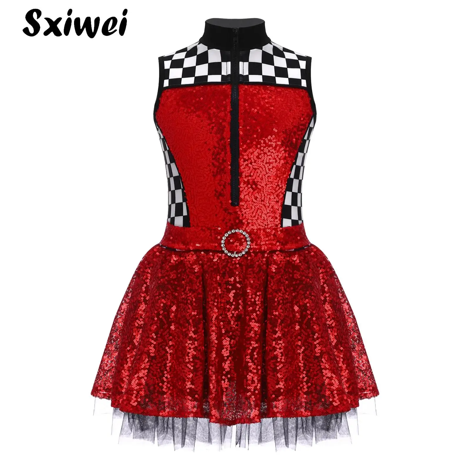

Kids Girls Race Car Driver Costume Sequins Halloween Sleeveless Racing Themed Party Tutu Dance Leotards Dress Carnival Dress Up