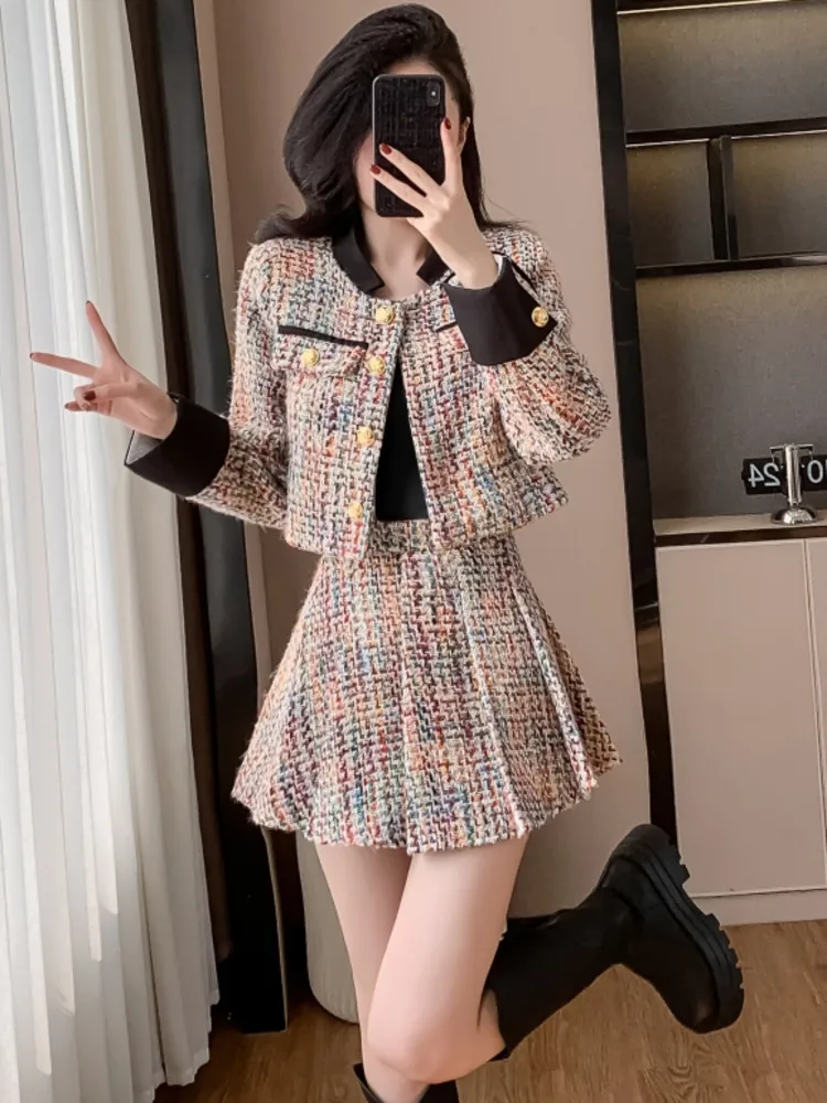 2024 Autumn Winter New Small Fragrant Fashion Set Women French Vintage Tweed Jacket Coat Rainbow Pleated Skirt Two Piece Sets