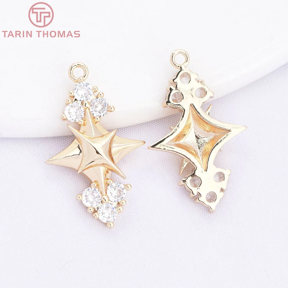 (10783) 2 Piezas de Colgantes de Collar en Forma de Estrella Brillante con Circonitas, Color Oro 24K, Latón, Alta Calidad, Accesorios para Fabricación de Joyería DIY