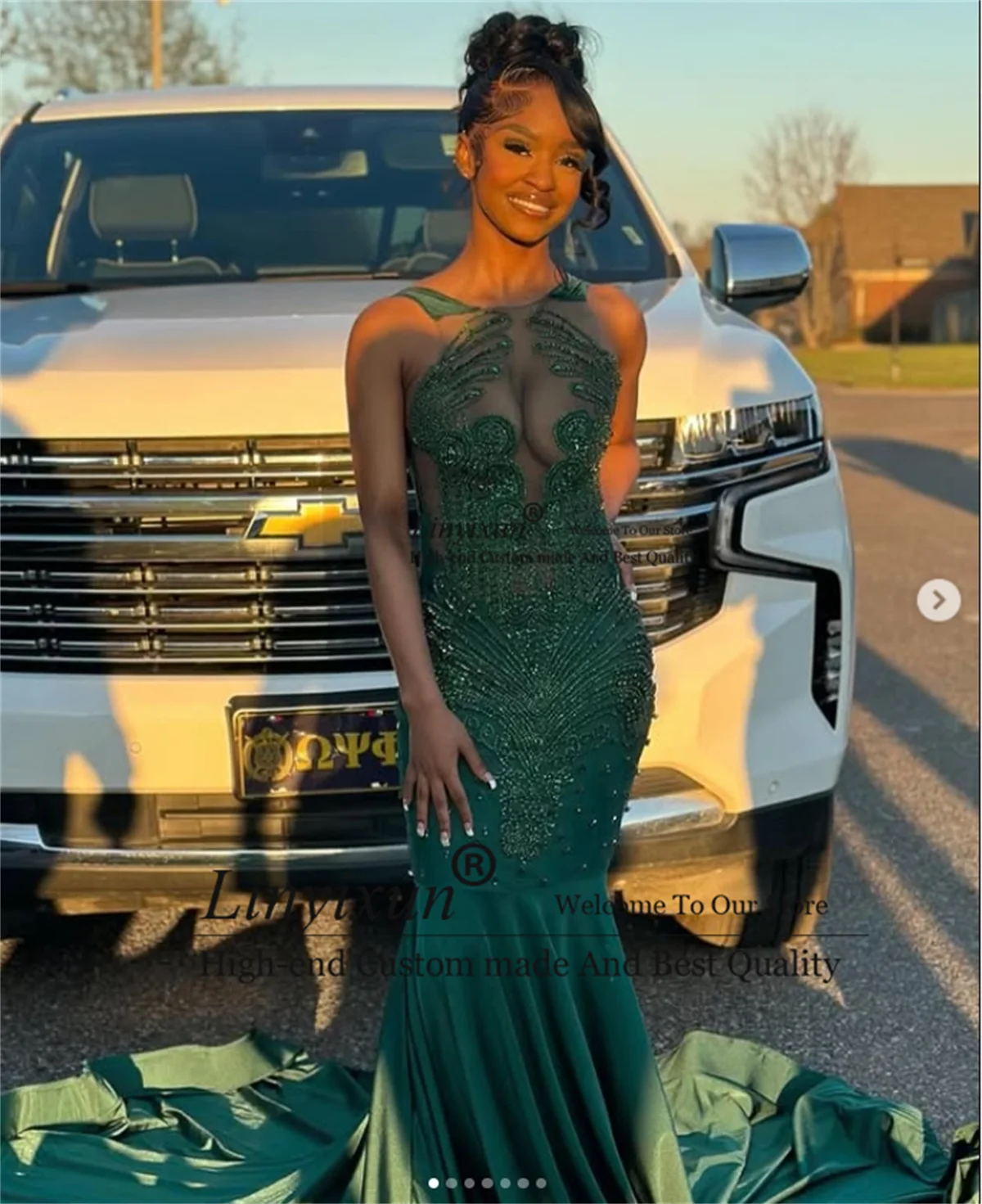 Green Formal Evening Dress Black Girls Luxury Crystals Beaded Mermaid Prom Gals Gown Customized Long Women robes de soirée