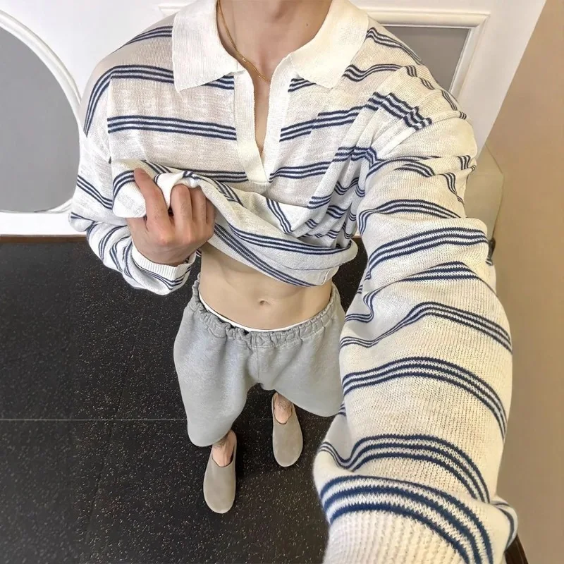 

V-neck Striped Knitted Polo Shirt Long Sleeved Slightly Transparent Elasticity T-shirt Men's Spring Light Breathable Casual Top