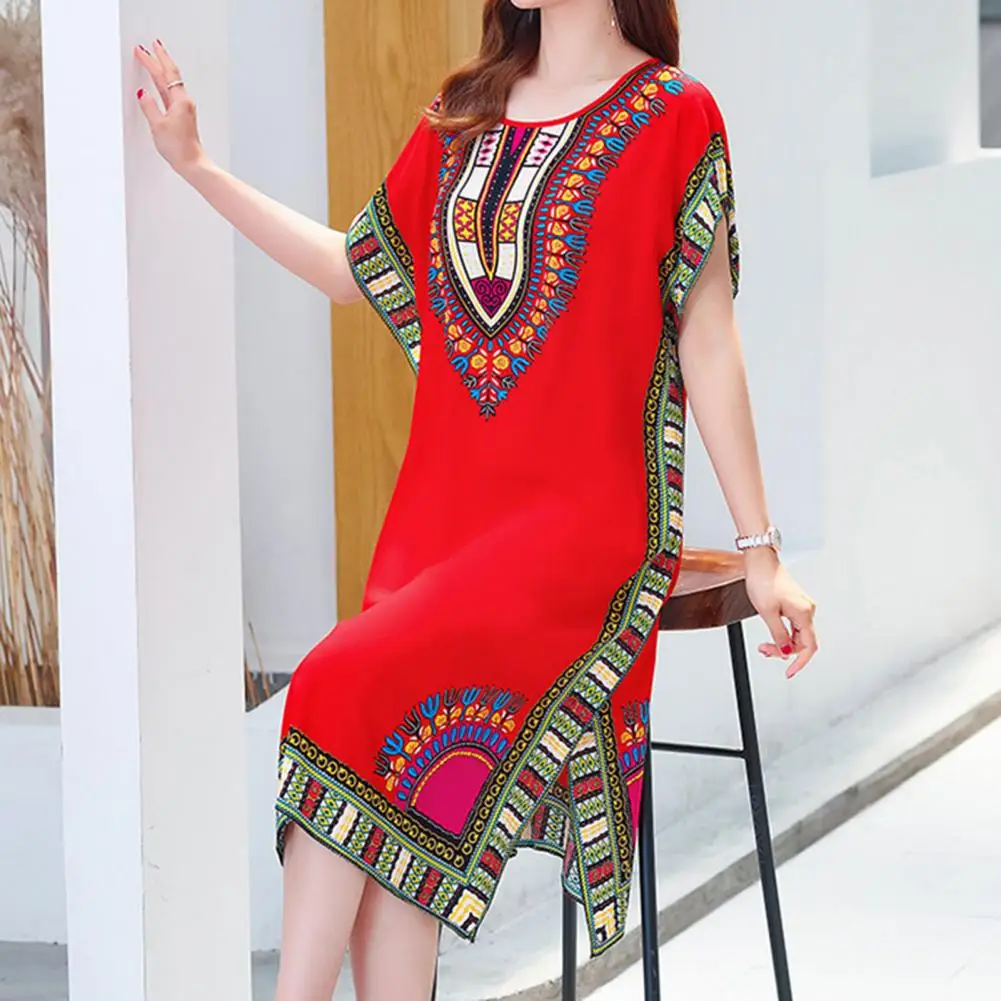 New in Women Dress Ethnic Style Round Neck Print Contrast Color Geometric Printing Pullover Loose Short Sleeves Midi Dress