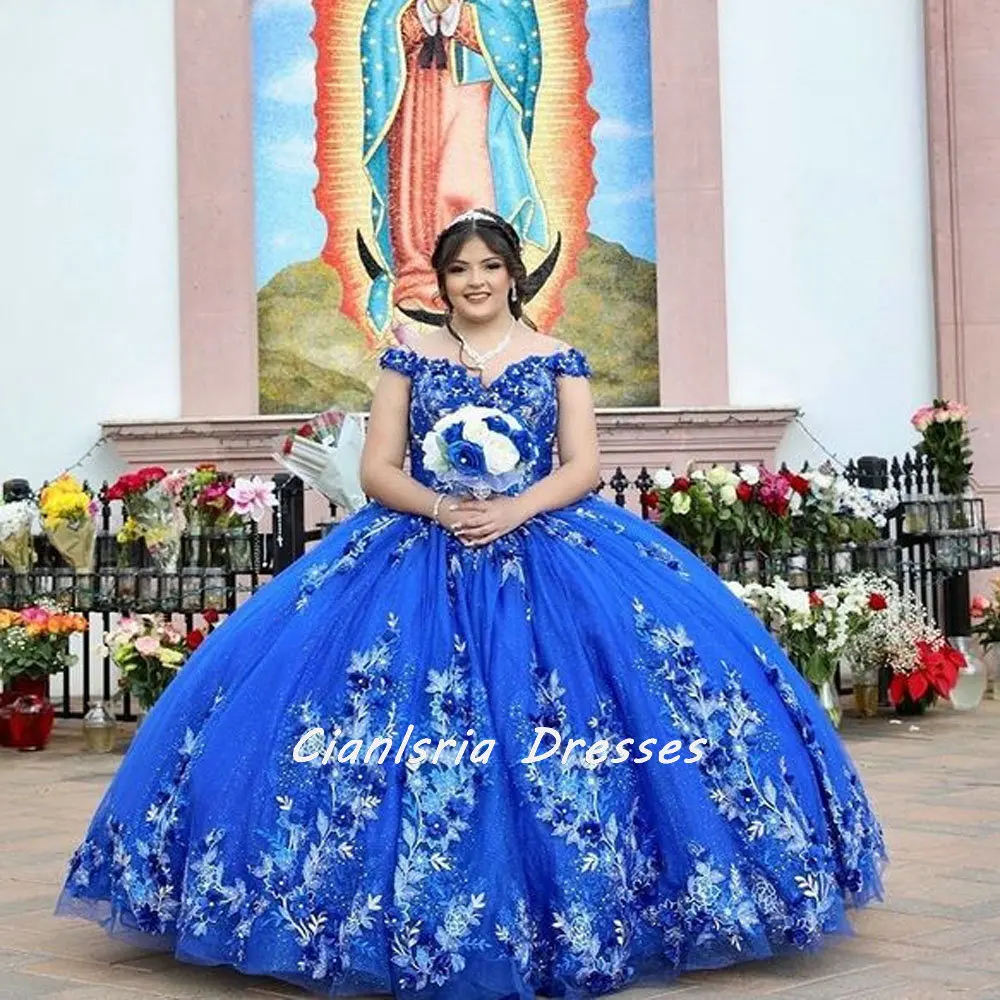 Azul real 3d flores cristal mexicano quinceanera vestido de baile fora do ombro apliques rendas espartilho vestido xv anos