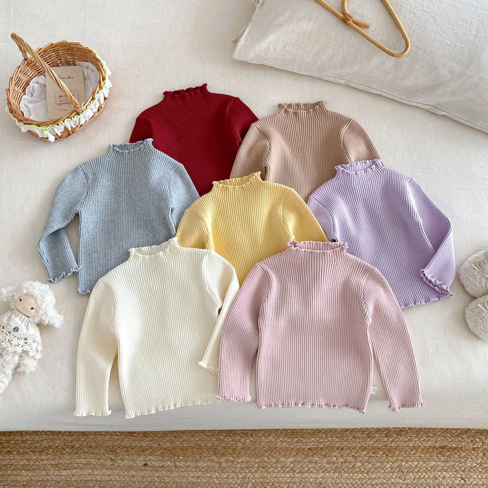 

2025 Baby Girl Knitwear Solid Color Thickened Knitted Mock Neck Sweater 0-5Y Kids Ruffle Trim Innerwear Pullover Casual Warm Top