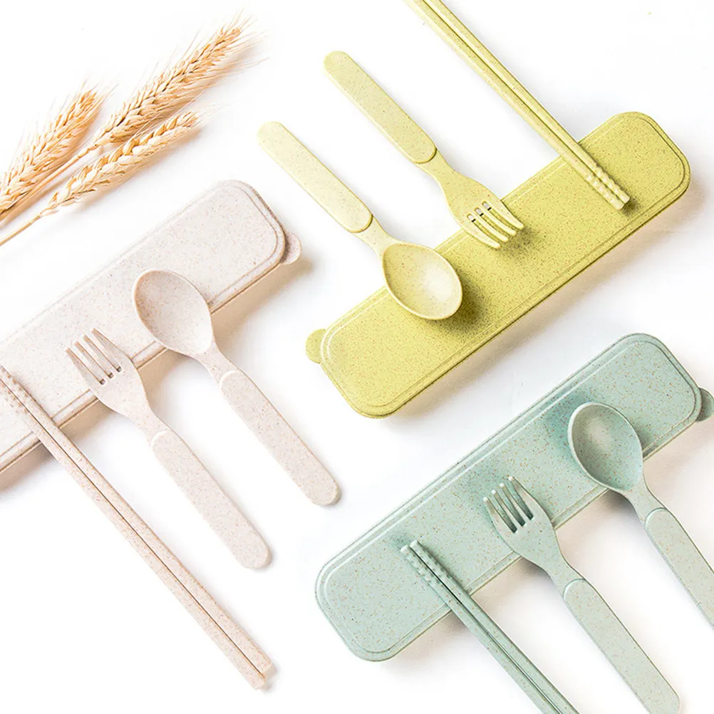 1Set Wheat Straw Children Utensils Set Spoon Fork Chopsticks with Carry Case Food Safe Sanitary Degradable for Toddlers Travel