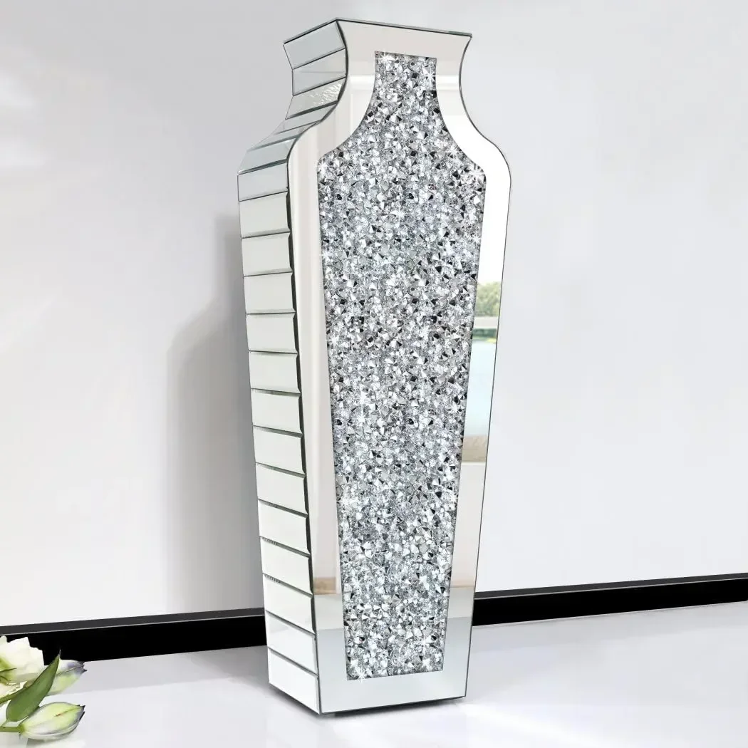 Furniture supplies Floor Vase Crushed Diamond Mirrored Vase 27” Tall, Crystal Silver Glass Decorative Mirror Vase Large Size Lux