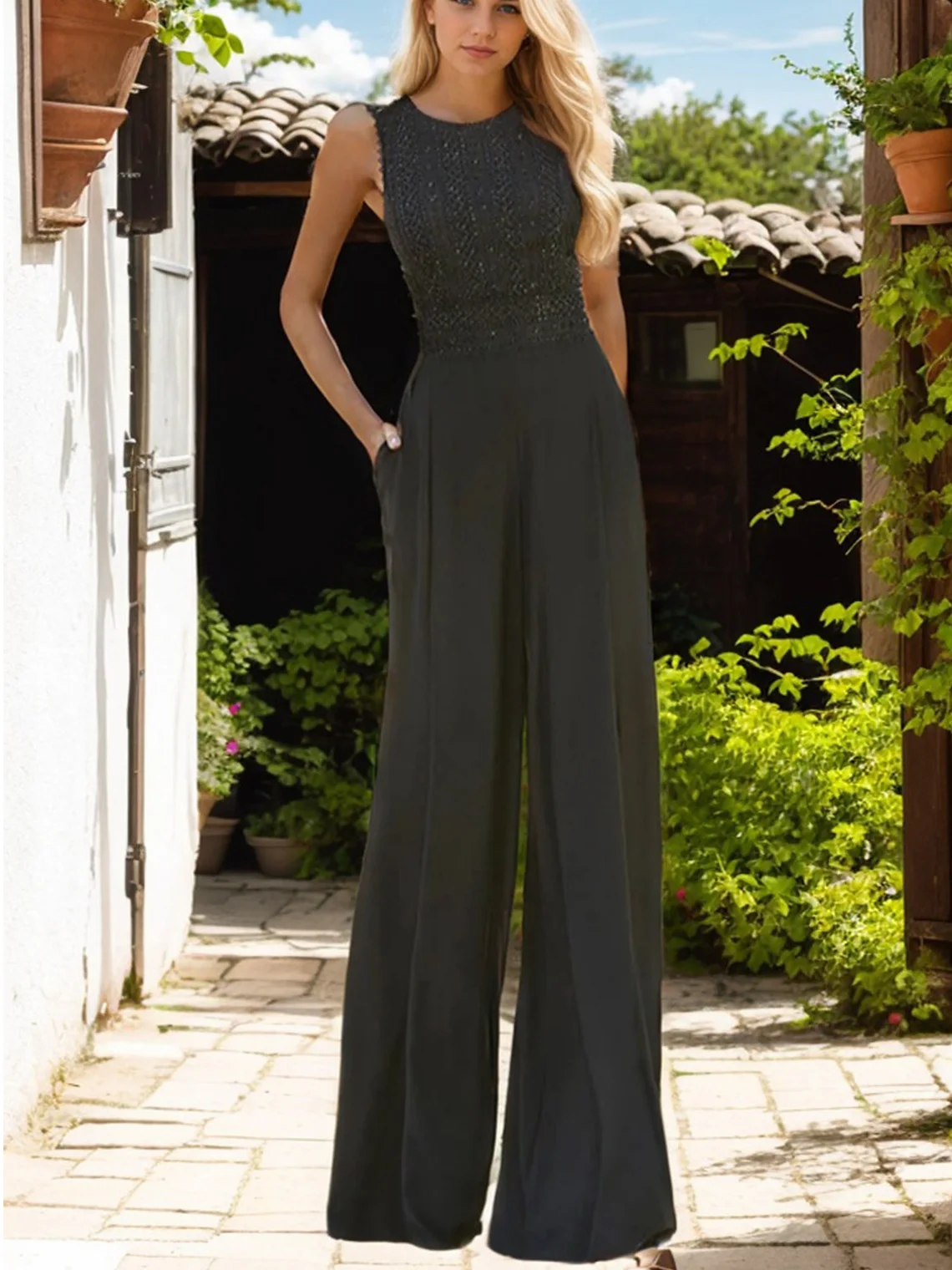

Elegant Jumpsuits Prom Evening Dress Jewel Neck Sleeveless Sequin Chiffon Floor Length Wedding Guest Dress 2025 Free Customized
