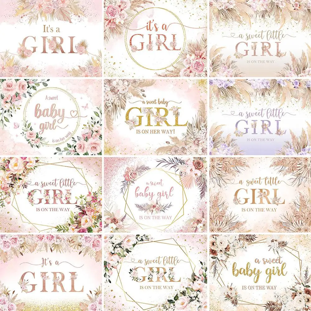 

Mocsicka Girl Baby Shower Backdrop A Sweet Little Girl Welcome Party Decor Photo Backgrounds Pink Bohemian Flowers Custom Banner