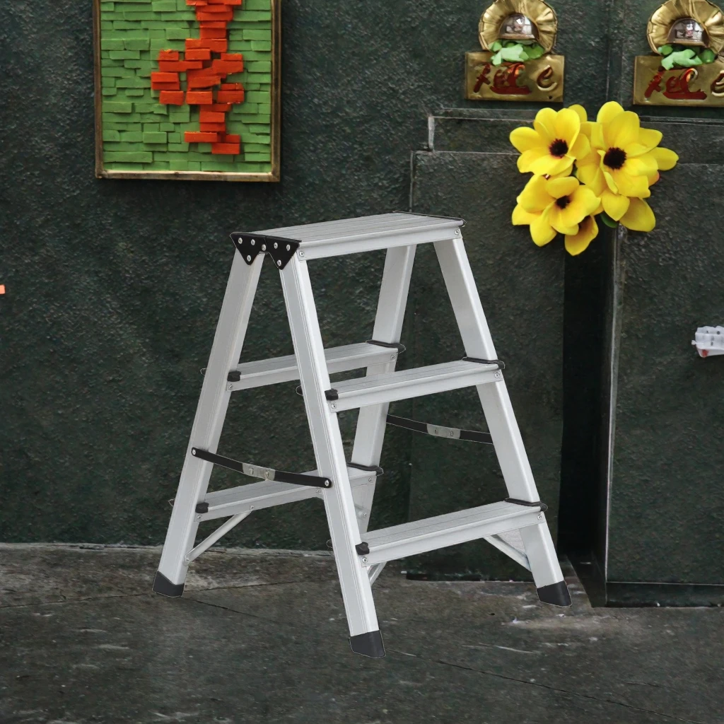 Modern 2-Step Thickened Aluminum Folding Iron Ladder Anti-Slip Indoor Herringbone Stair for Kitchen Apartment School Workshop