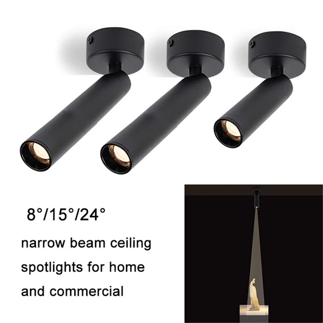 Industrial 8°/15°/24° Narrow Beam Ceiling Spotlights 3W 5W Surface Mount Pin Spot Light for Jewelry Museum Gallary Picture Light