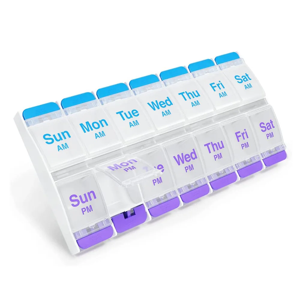 Push Button (7-Day) Pill Box Medicine Case Vitamin Organizer Weekly 2 Times A Day AM/PM Large Compartments Arthritis Friendly