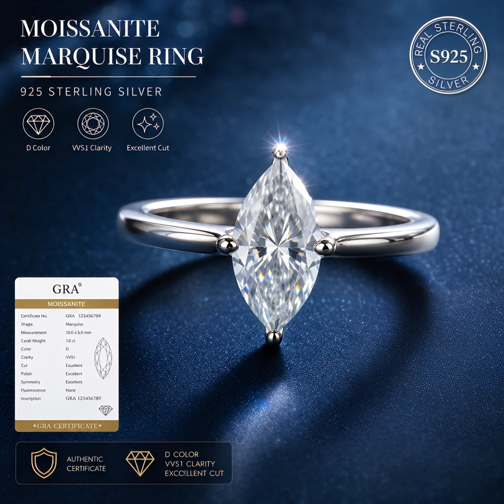 Marquise Cut Adjustable Rings With GRA Certificate Moissanite Pass Diamond Tester S925 Sterling Silver Radiant Pear Rings