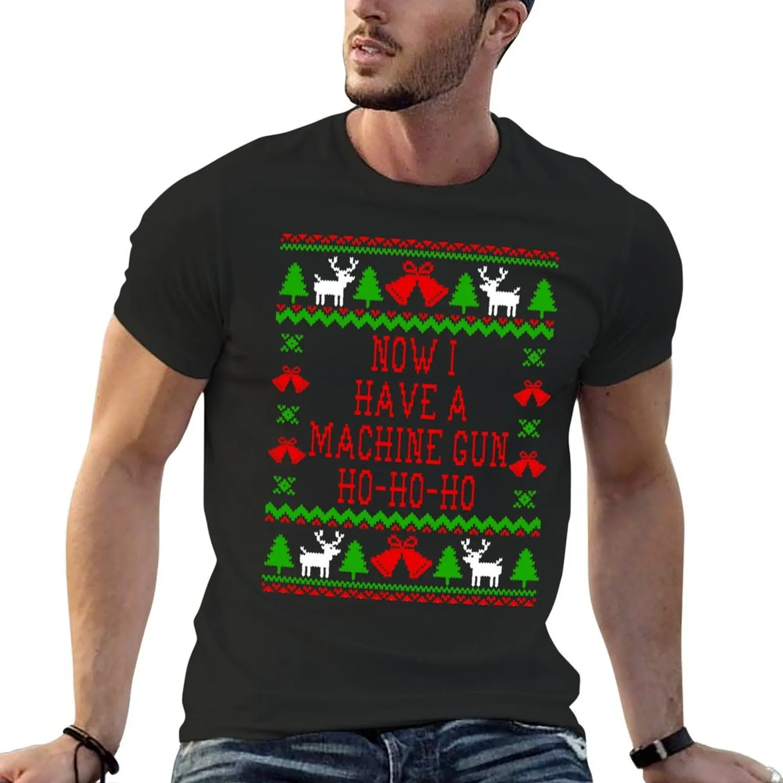 Now I Have A Machine Gun Ho-Ho-Ho - Die Hard Quote - Ugly Christmas Sweater Style T-Shirt tops mens clothing