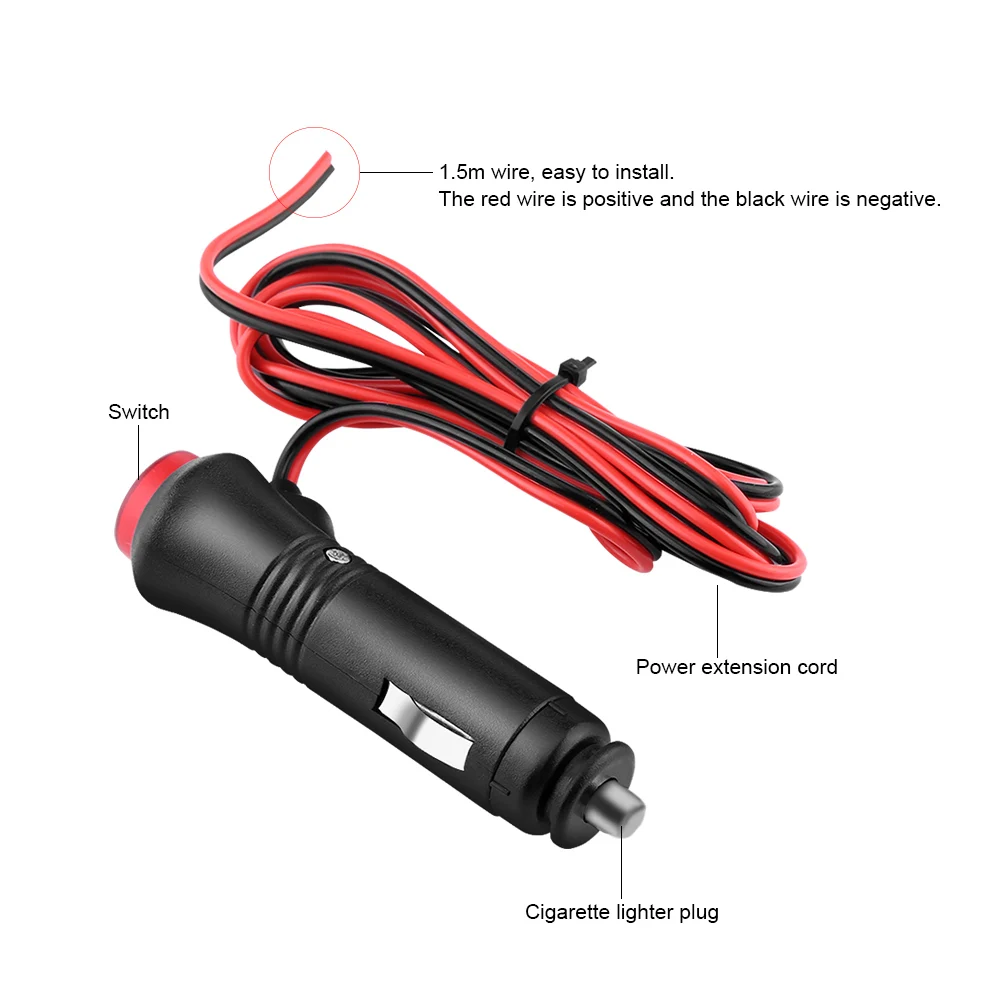 1.5m Male Car Cigarette Lighter Socket Power Plug Adapter On Off Switch  Fuse 12V 24V Cigar Lighter Power Cord Wire Adapter