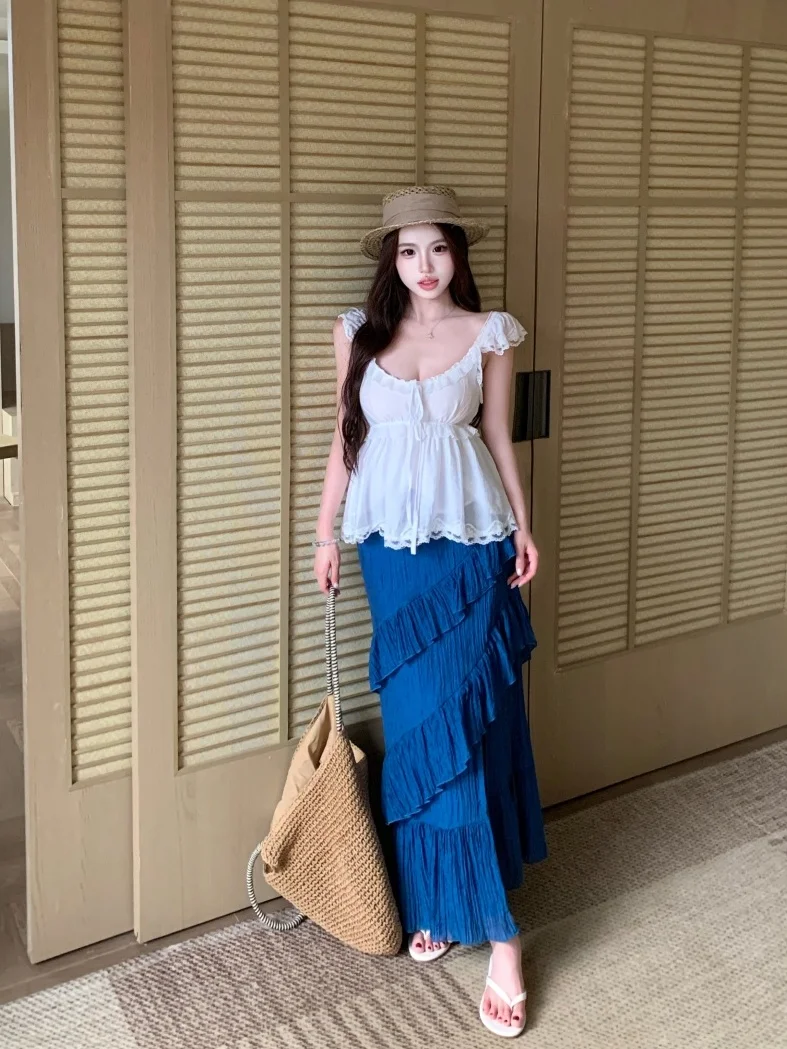 

Summer Vacation Style White Short Sleeve Shirt And Lace Split Skirt Two Piece Set Women's Fashion Lightweight Breathable