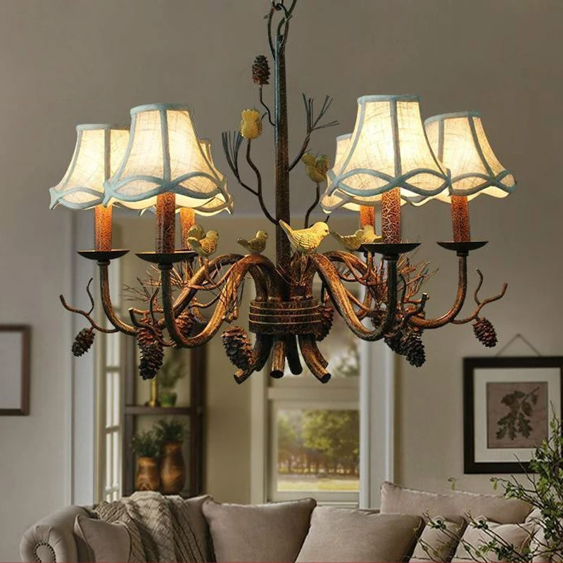 American Vintage Retro Iron LED Chandelier E14 Bulb Resin Bird Hanging Light Fixture for Living