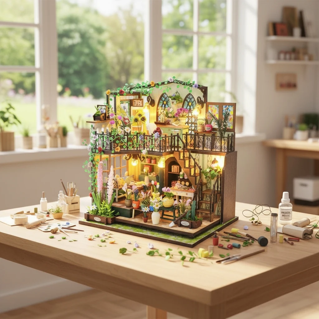 OUZEY Kit de bricolage pour maison de poupée en bois 3D - Modèle miniature "Cottage confortable" avec meubles et éclairage, cadeau de décoration pour la maison pour adolescents et adultes