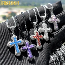 2025 New Cross Pendant Necklace Silver Color Iced Out Bling CZ Cubic Zirconia Blue Pink Charm Hip Hop Women Jewelry