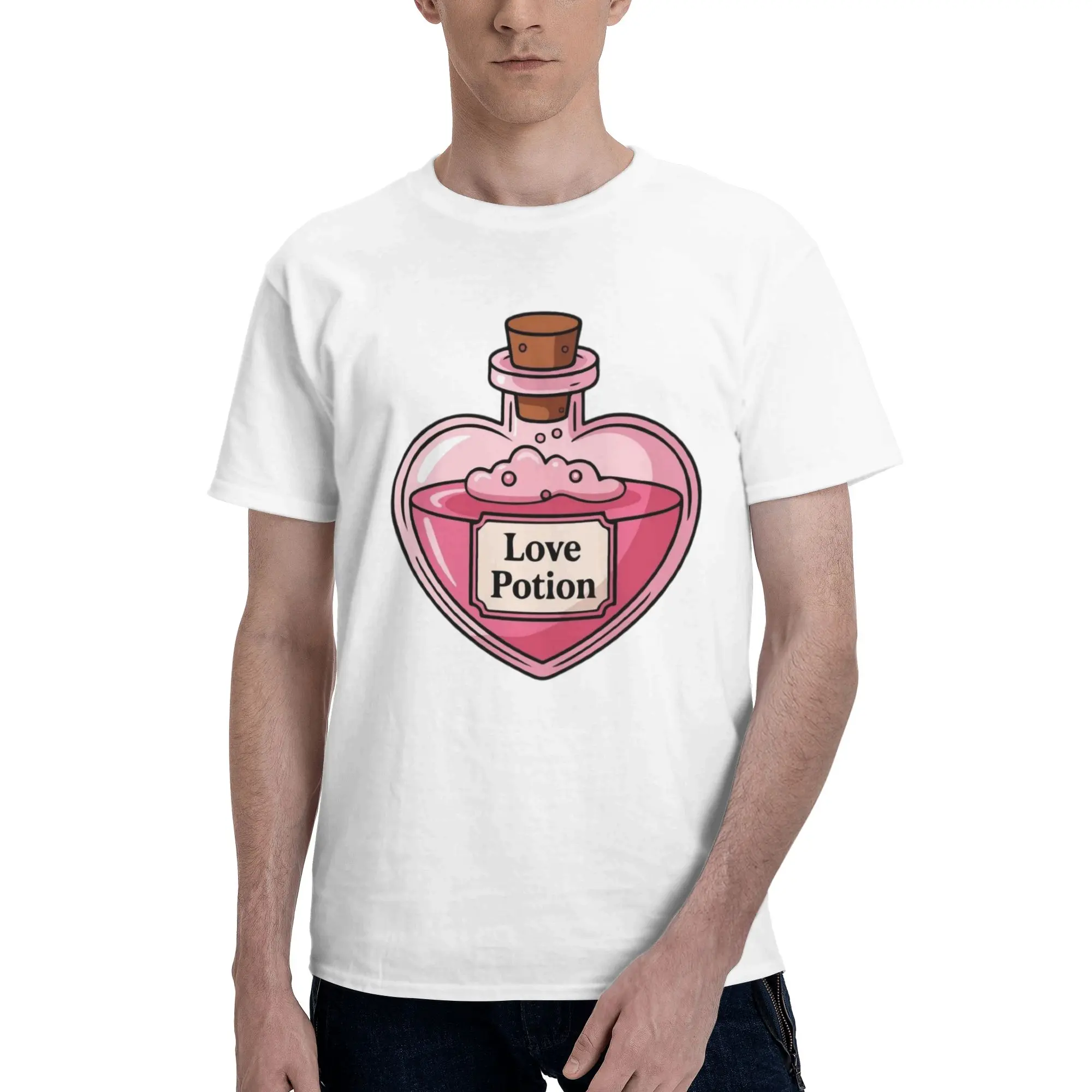Pink Heart Love Potion Bottle Art Men's T Shirts  Novelty Tees Short Sleeve Round Collar Cotton Birthday Present Clothing TShirt