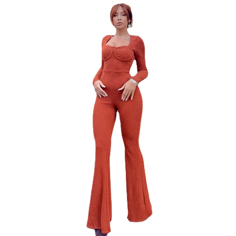 

Women's Pit Strip Jumpsuit Europe and America 2022 Autumn Winter Square Collar Threaded Long Sleeve Pleated Bell Bottoms Women