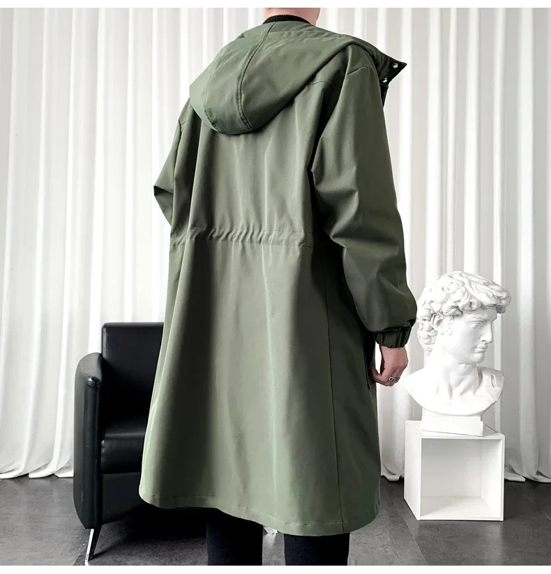 Trenchcoat Herren Neue Mode Armeegrüner Überzieher Männer Casual Windbreaker Einfarbiger Langer Mantel Herren Herbst Homme Schwarz/Khaki/Armeegrün – Detail 10