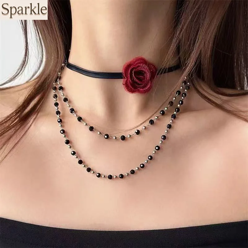 

Rose Multi-Layered Necklace for Women Layered Choker Necklace Accessory Leather Collarbone Chain Y2K Gothic Hot Girl Punk Gift