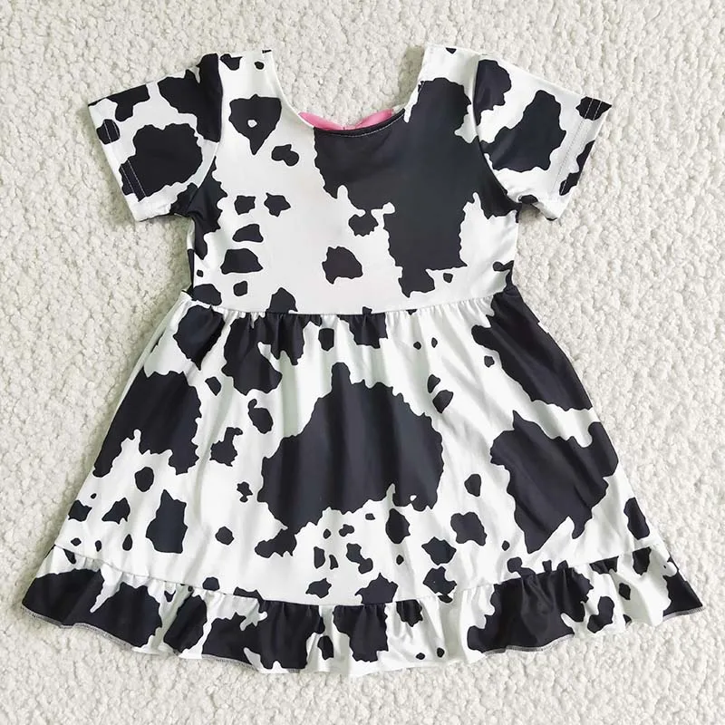 Farm Cow Print Kids Twirl Dress Short Sleeve Pink Bow New Fashion Boutique Baby Girl Clothing Wholesale Children Toddler Clothes