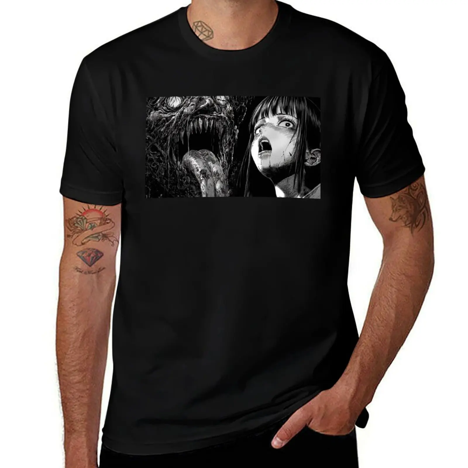 

Tongue of Terror - black and white horror manga anime girl T-Shirt cute clothes topping mens t shirts casual stylish