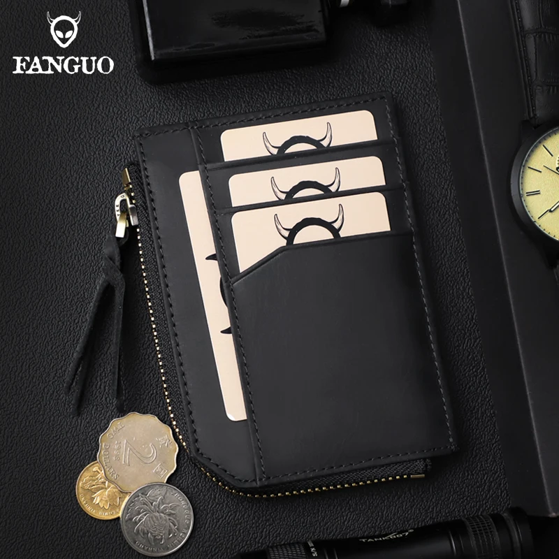Vintage Genuine Leather Men's Card Wallet Anti-NFC Handmade Credit Card Slot Coin Purse Zipper Portable Male Small Wallet