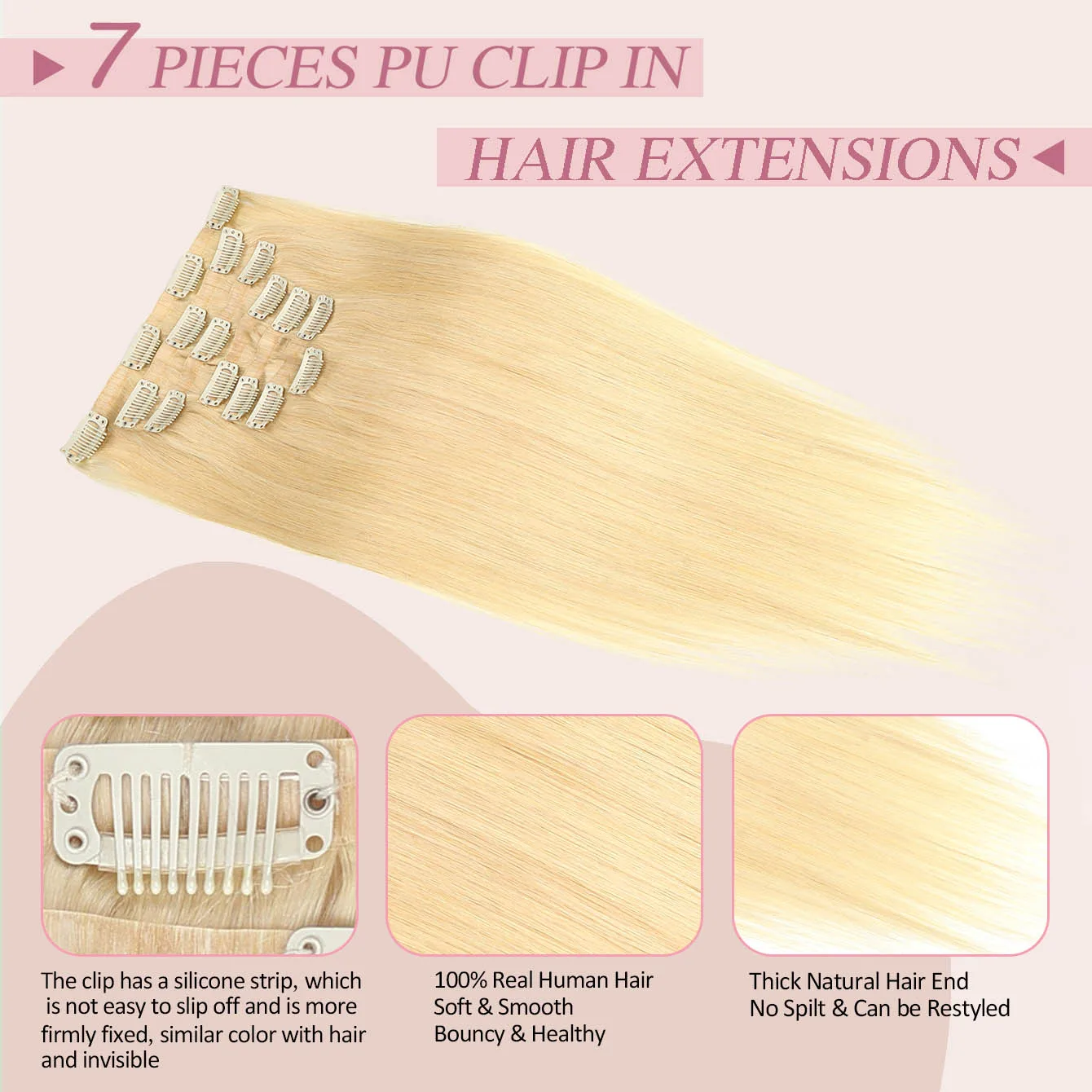 وصلات شعر بمشبك PU بدون خياطة، شعر بشري # 60 مشبك شعر بشري مفرود أشقر بلاتيني في وصلات الشعر للنساء 7 قطع #5