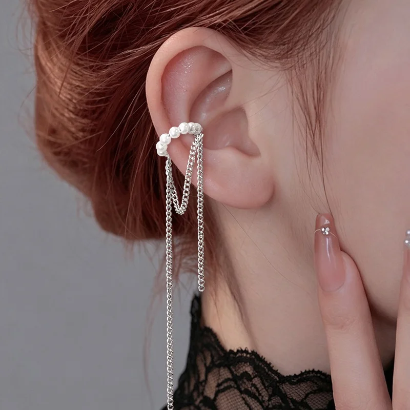 Cute Pearl Long Tassel Ear Clip Without Ear Hole Exquisite Ear Bone Clip Temperament Multi-layer Chain Earrings For Women ps103