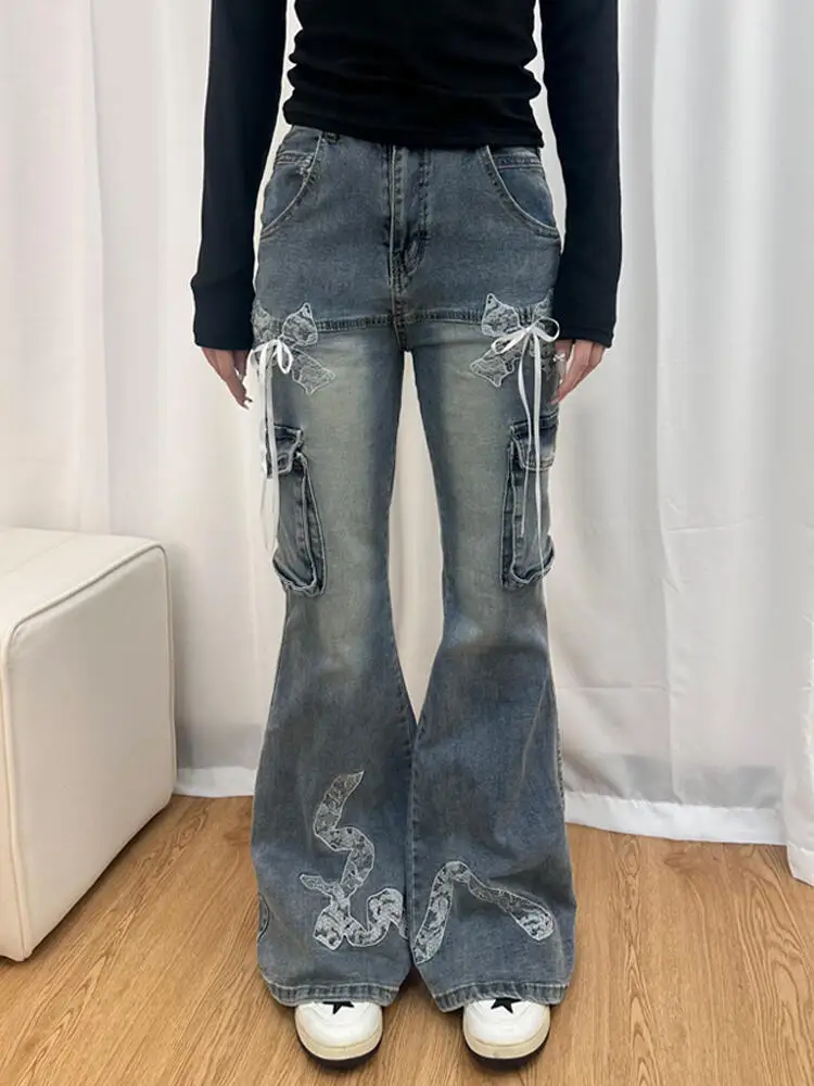 Y2K Flare Low Rise Jeans Pants For Woman Cargo Baggy Trousers Aesthetic Streetwear Pockets Hippie Denim Bell Bottom CasualOutfit