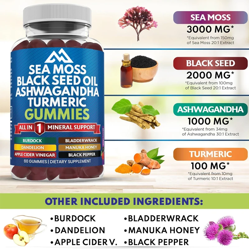 Seaweed, black seed oil, South African drunken eggplant, turmeric, burdock, honey, dandelion, and trace minerals -60 gummies