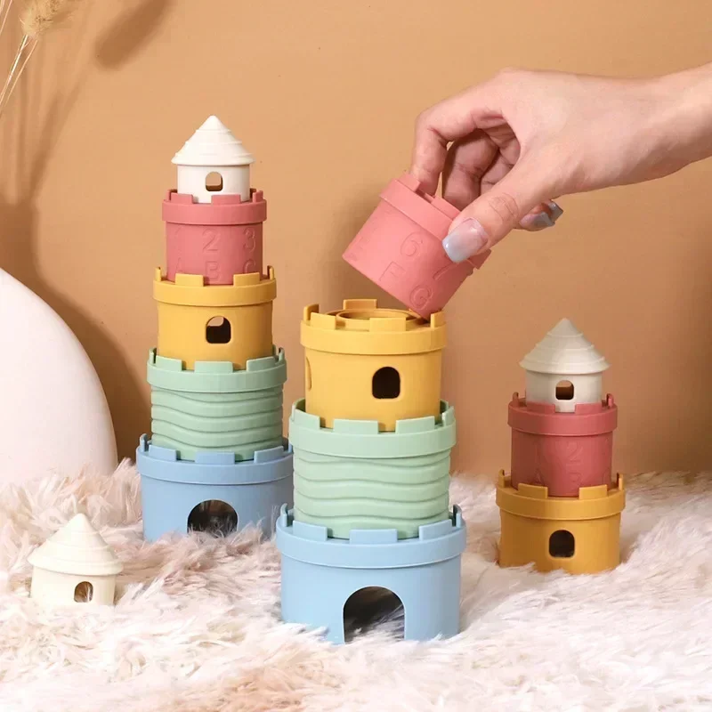 Castillo de silicona de dibujos animados para bebé, juguetes de taza de pila, bloques de construcción cognitivos digitales a Color para niños, juguete Montessori de Educación Temprana, regalo