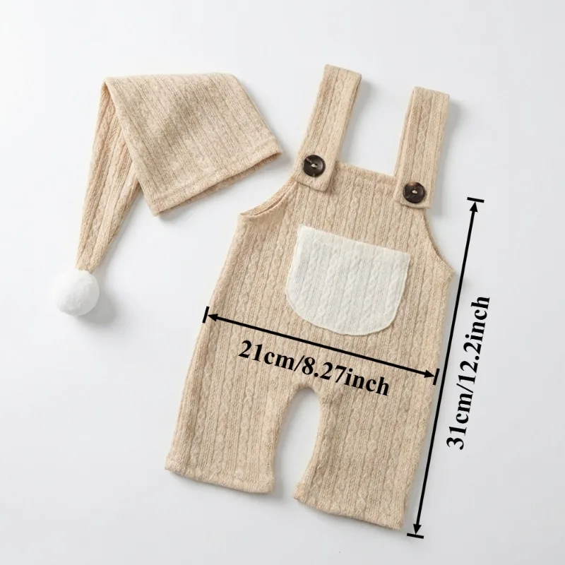 2Pcs Soft Knit Newborn Photography Props Set Pom Pom Sleeping Cap & Pocket Overalls Infant Baby Photo Shoot Outfit Accessories image 2