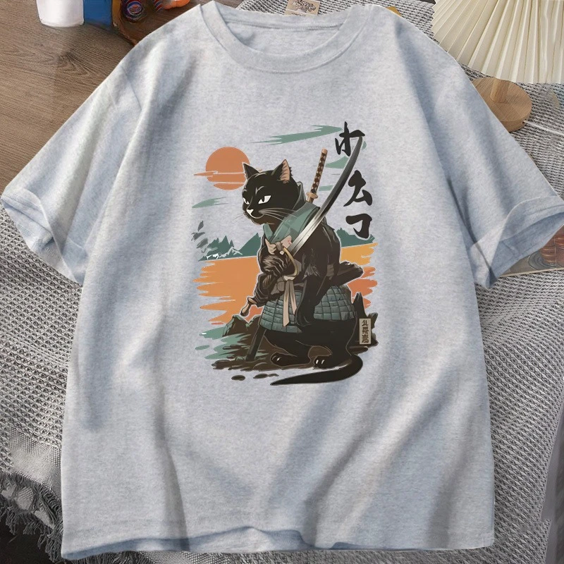 جديد الساموراي القط تي شيرت النمط الياباني القط مصمم خمر التي شيرت عادية الرجال الجرافيك القطن قصير الأكمام للجنسين تنفس #1