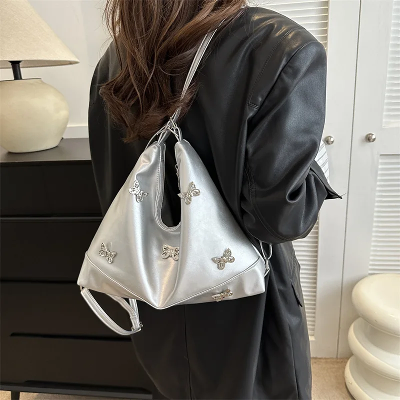 New Women Butterfly Tote Bag Fashion Underarm Shoulder Bag Large Capacity Soft Pu Leather Retro Casual Y2K Silver Crossbody Bag