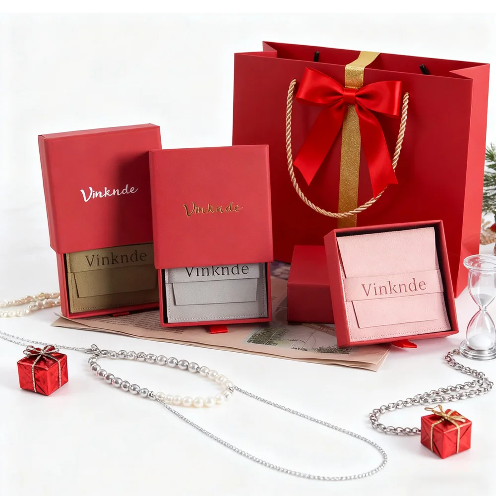 

Custom Logo Red Hard Paper Cardboard Jewelry Boxes Sliding Out Drawer Box with Gift Microfiber Bag Earrings Rings Displays Pack