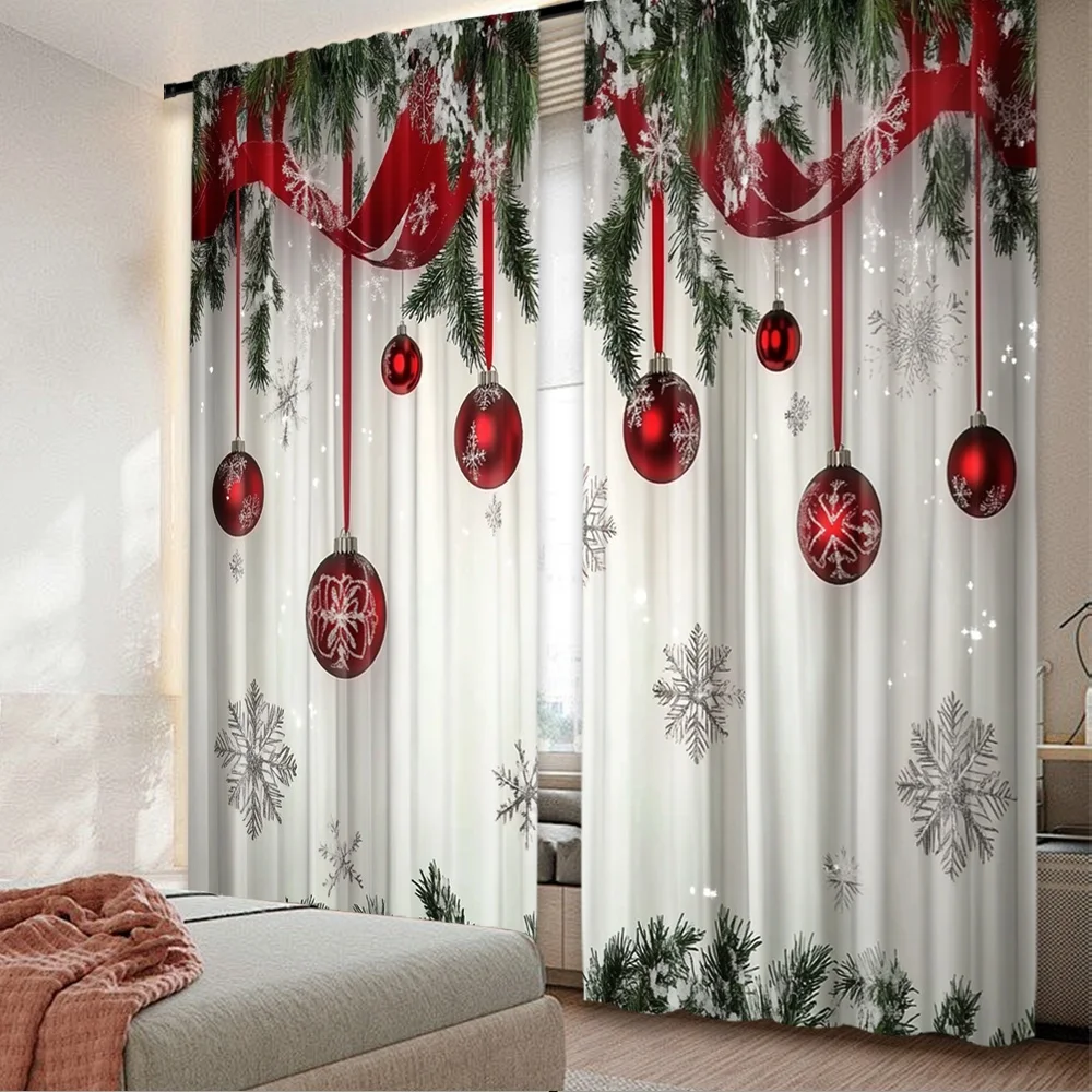 2D-Flachdruck, 2 Stück, Weihnachten, heiße Party-Vorhänge, Weihnachtskugel, rotes Band, Kiefernzweig, digital bedruckte Polyester-Vorhänge, nicht