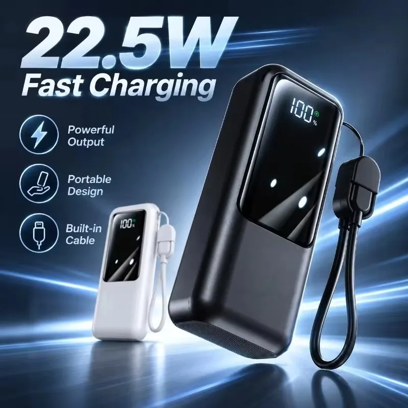 22.5W Fast Charging Power Bank 10000mAh Built‑in Cable Digital Display Compact Lightweight External Battery for Travel Use