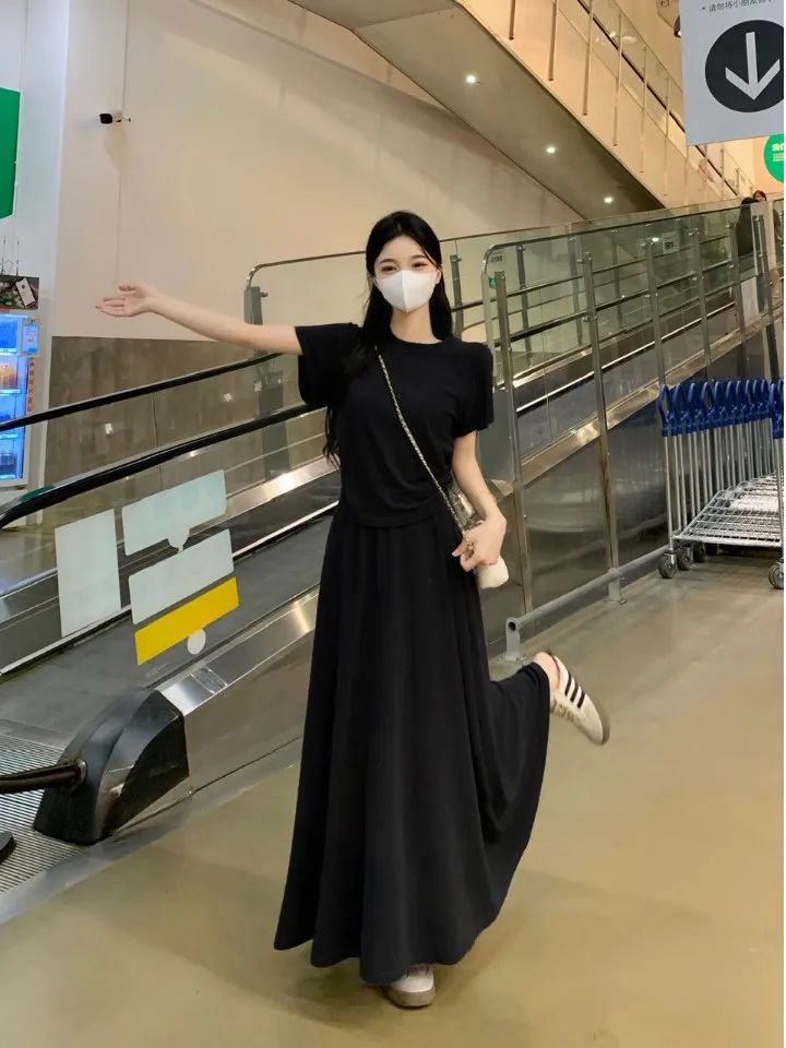 

Летний комплект больших размеров с круглым вырезом и короткими рукавами, юбка с высокой талией, комплект из двух предметов, женская модная одежда в корейском стиле