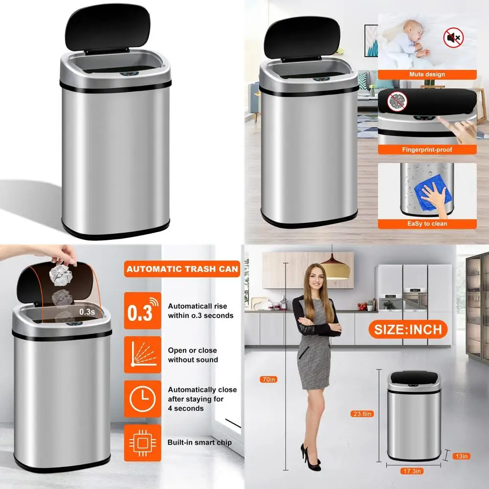 

«Автоматический бесконтактный кухонный мусорный бак с датчиком — тонкий мусорный бак из нержавеющей стали на 13 галлонов»