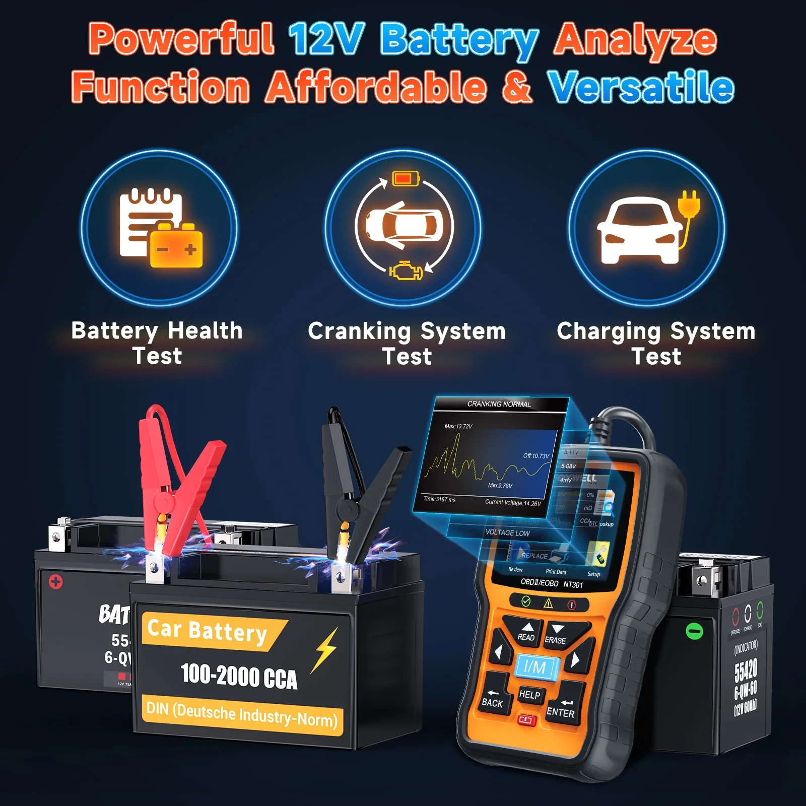 NT301 Plus FOXWELL OBD2 Scanner 12V Battery Tester 100-2000CCA Battery Charging Cranking System Test Engine Code Reader Scanner