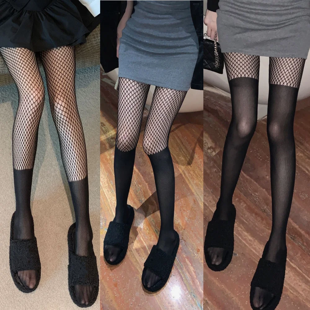 Black Sexy Over Knee Striped Patchwork Thigh High Stockings Women Tights Pantyhose Mesh Fishnet Pantyhose JK Lolita Girls 3Color