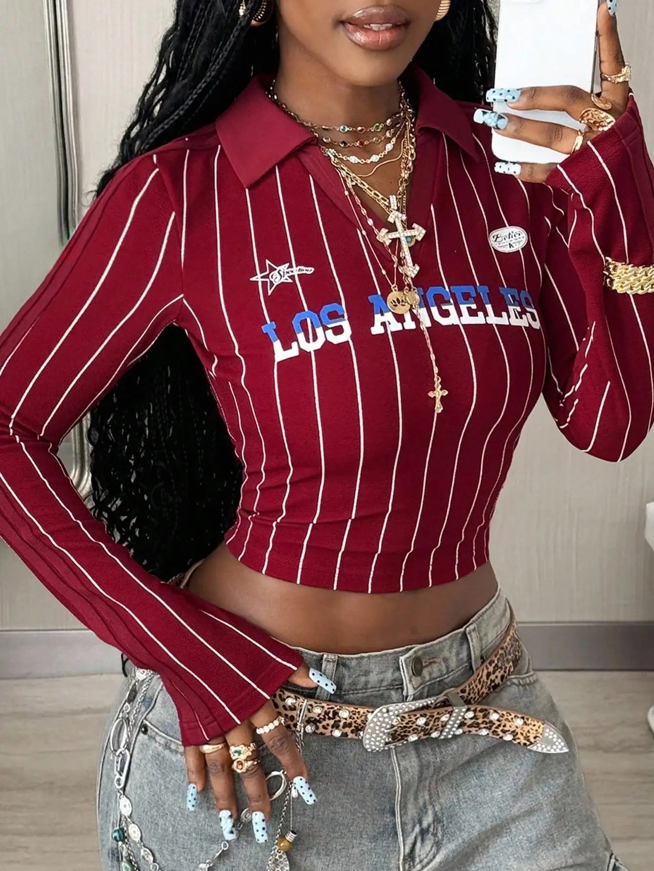 

Burgundy Striped Crop Top with Los Angeles Graphic, Long Sleeve Lapel Tee for Streetwear Y2K Style