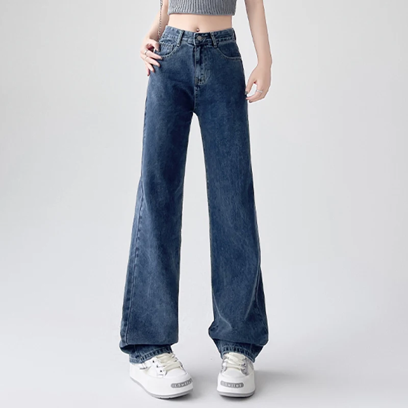 

Women's New Vintage Blue Wide Leg Straight Jeans All-match Slim White Jeans High Waist Casual Denim Pants Long Trousers Femme