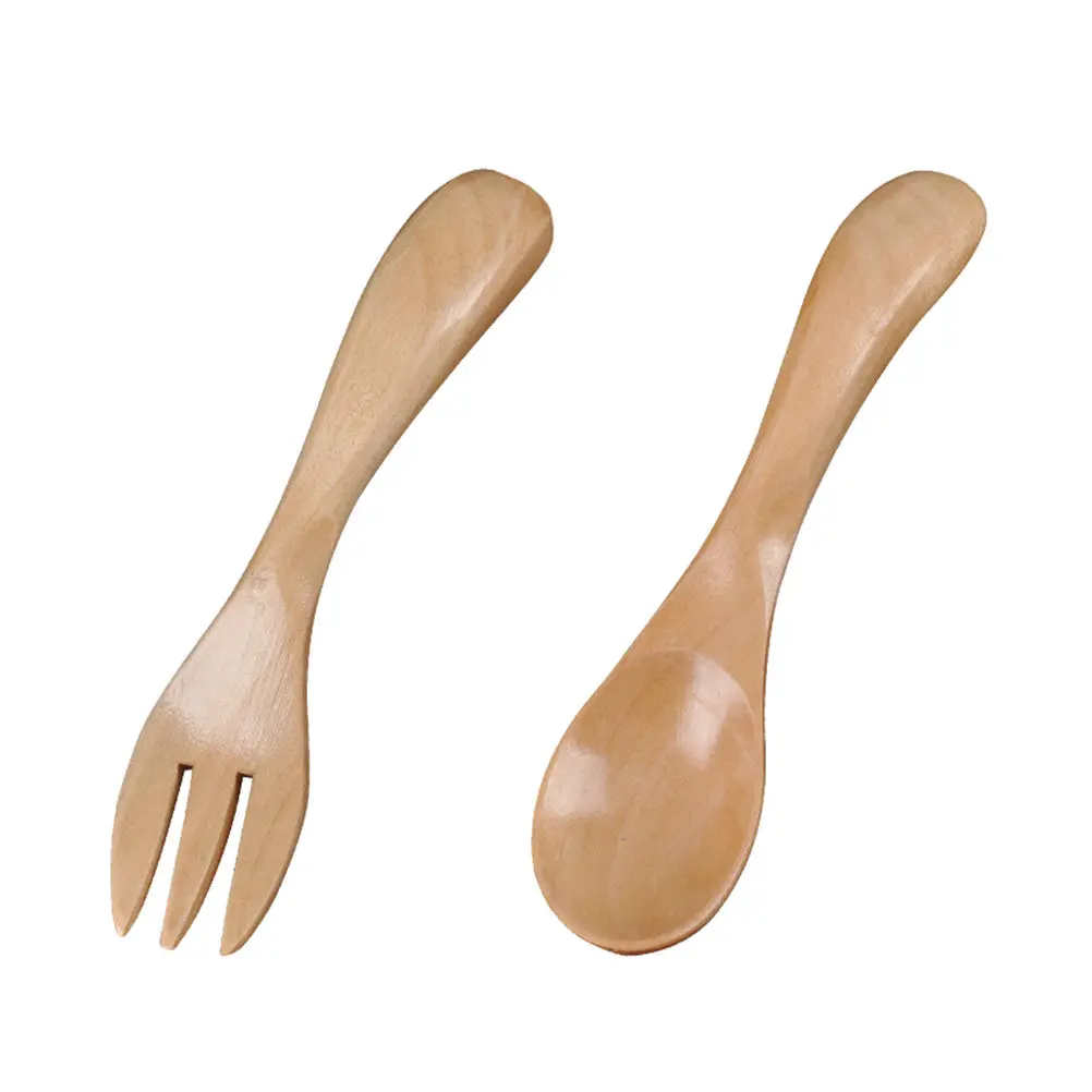 2Pcs Kids Wooden Spoon Fork Set Solid Natural Wood Flatware Set Mini Size Comfort Grip No Rough Edges for Toddlers Picnics